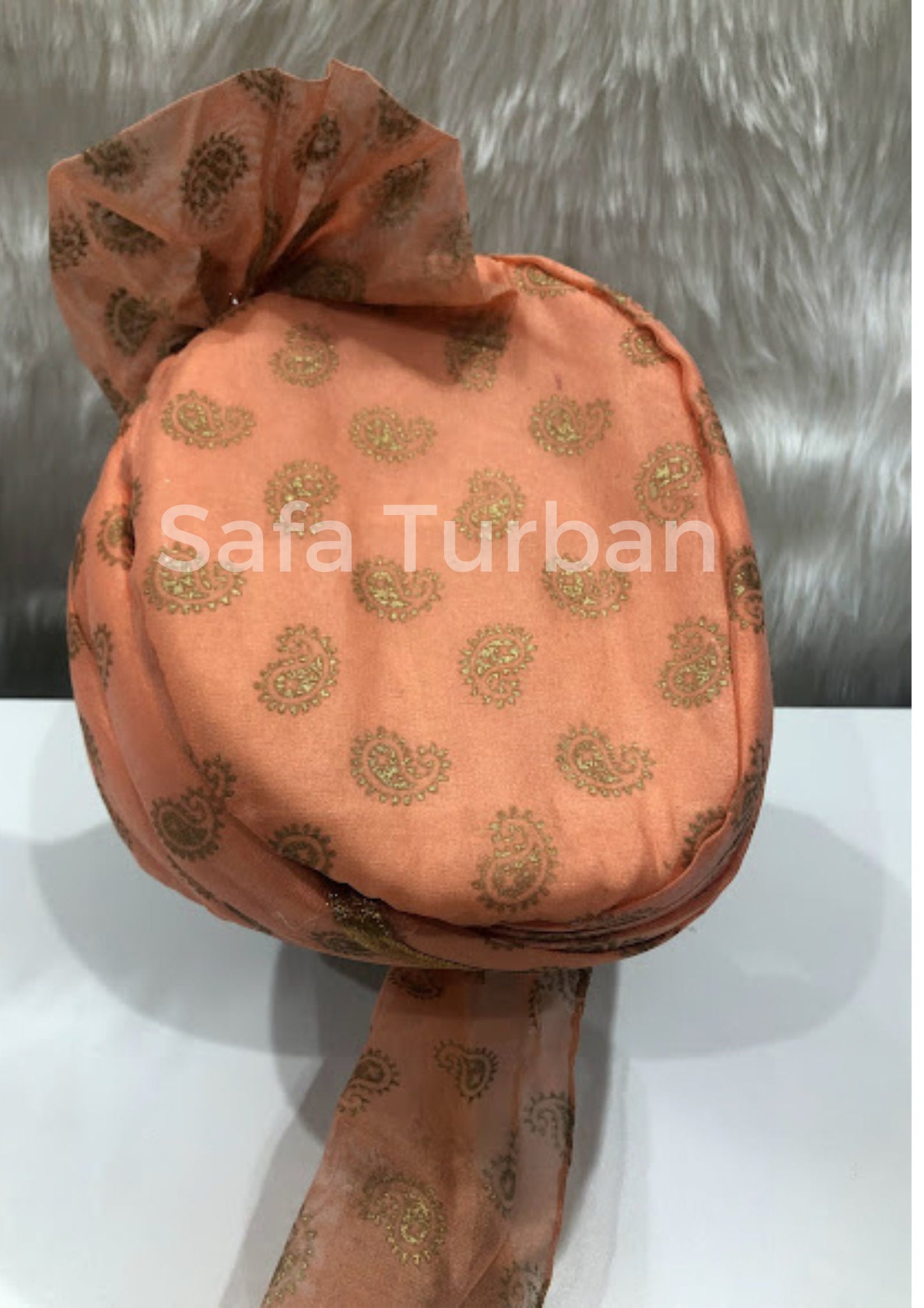 Wedding Turban- Peach Safa with Golden Golden Border and Pasley Design- Safa Turban/Premade Turban/ Wedding Safa (Baraati/Family Turban)