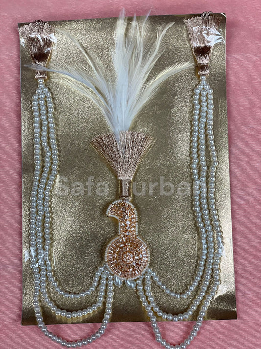 Indian Wedding Accessories-  Kalangi/Kalgi for Men's Safa/Groom Turban in AD Stone (American Dimond) (With offwhite/cream pearl string)