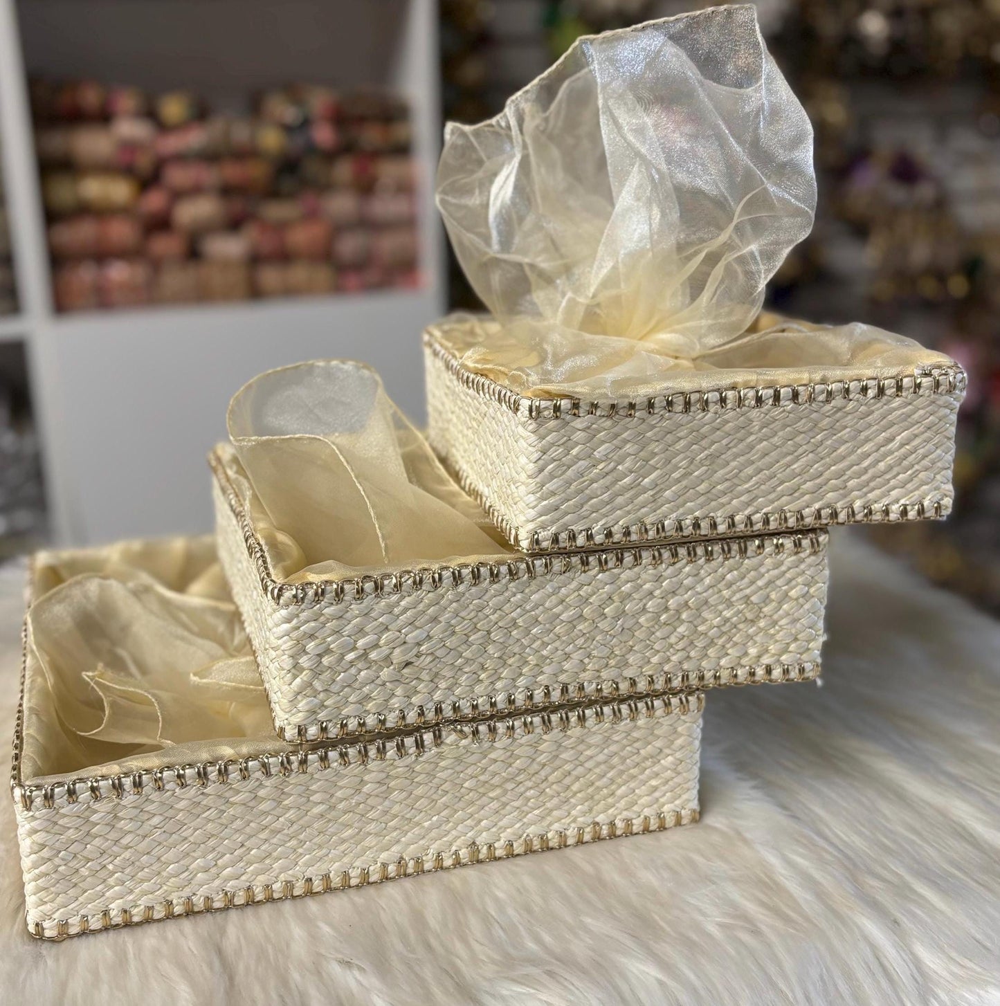 Fancy Gift Hamper Basket, Wedding Gift Packing Basket, Basket with Net, Wedding Hamper Trays, Pack of 3