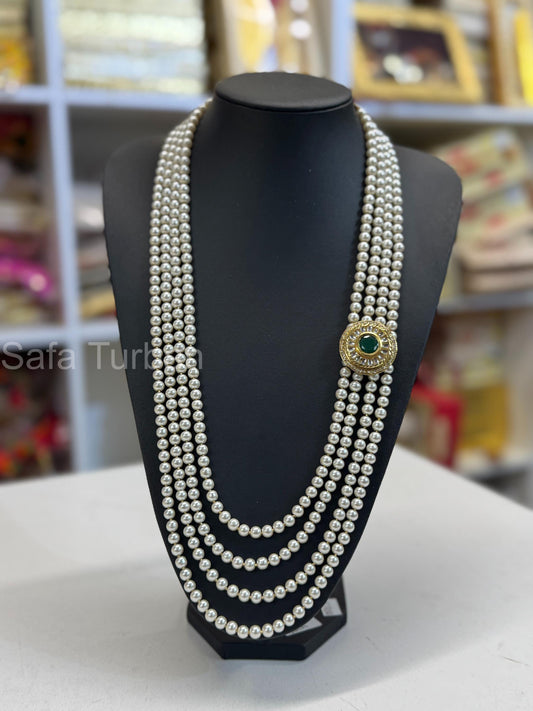 Indian Wedding-Pearl Necklace with Brooch (Green Stone), four Layered Maharaja Haar/ Necklace for Groom for Wedding
