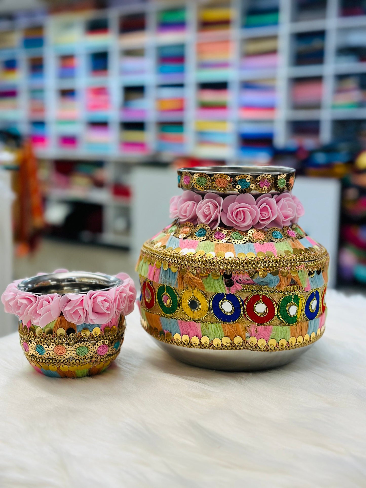 Wedding Accessories-Multicolour Flower Decorated Ghadoli/Matka/Kalash For Wedding/Puja.