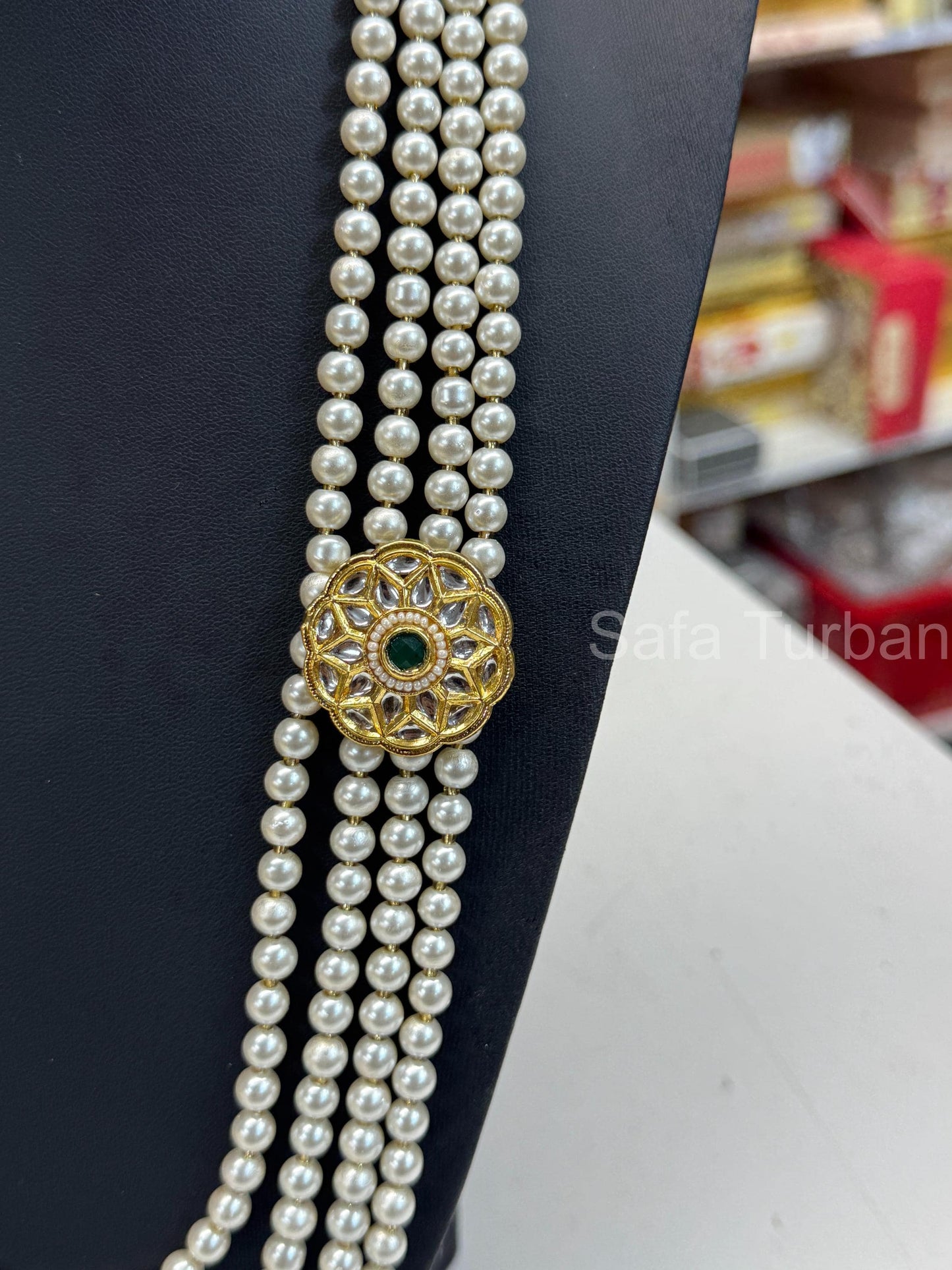 Indian Wedding-Pearl Necklace with Brooch(Green Stone), four Layer Maharaja Haar/ Necklace for Groom for Wedding