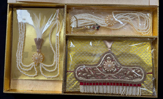 Kalgi, Sehra and Pearl Necklace Set -  Kalangi/Kalgi, Traditional Sehra, Pearl Necklace with Brooch for Groom (Trio Combo)