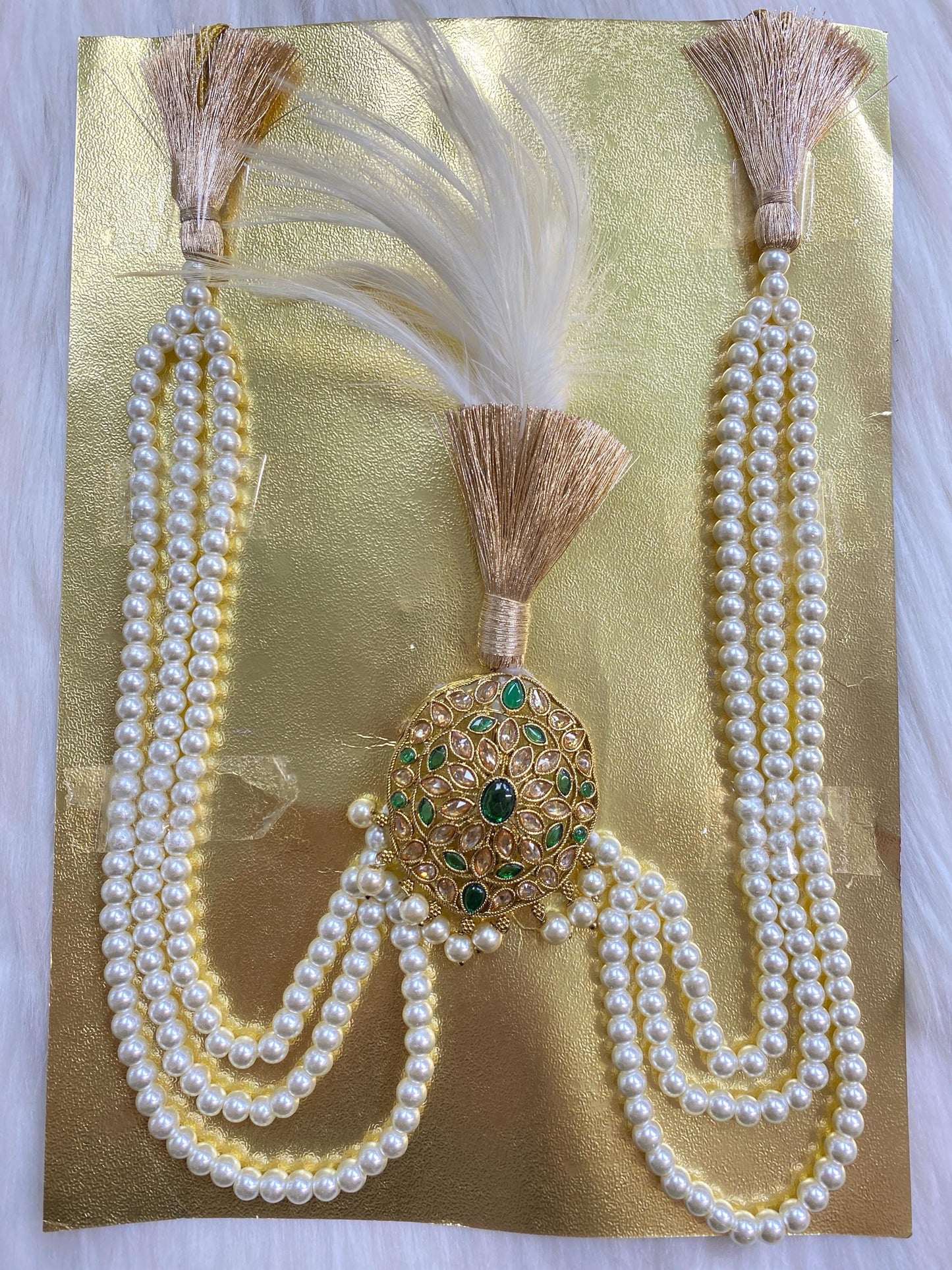Indian Wedding Accessories-  Kalangi/Kalgi for Men's Safa/Groom Turban (Golden and Green stones with pearl string chain)