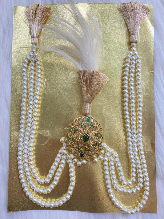 Indian Wedding Accessories-  Kalangi/Kalgi for Men's Safa/Groom Turban (Golden and Green stones with pearl string chain)