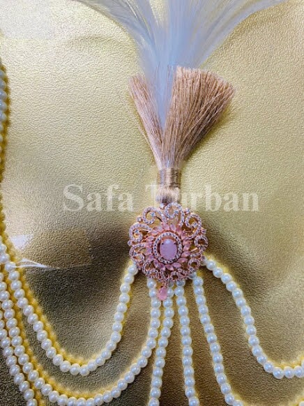 Indian Wedding Accessories-  Kalangi/Kalgi for Men's Safa/Groom Turban (Pink American Diamond brooch with white pearl string chain)