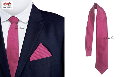 Mens Plaid Micro Self Silk Necktie Gift Set With Pocket Square (Majenta Colour)