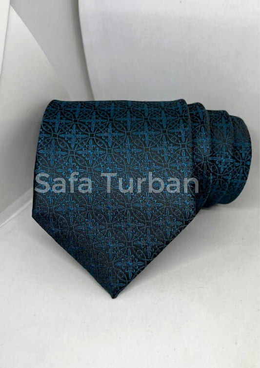 Mens Plaid Micro Self Silk Necktie Gift Set With Pocket Square (Firozi Black Colour)