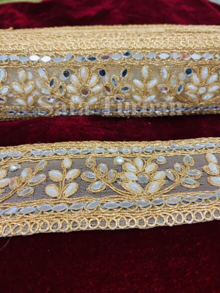 Golden Mirror Work Lace 2"(inch) for Dresses, Sarees, Lehenga, Suits, Blouses, Dupatta, Chunri, and Craft