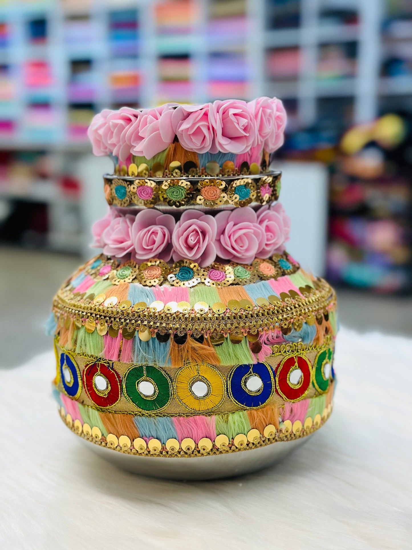 Wedding Accessories-Multicolour Flower Decorated Ghadoli/Matka/Kalash For Wedding/Puja.