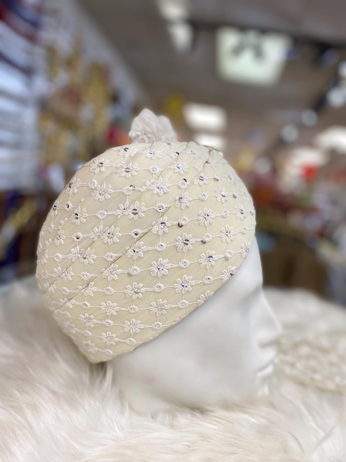 Groom Wedding Turban- Beigh/Cream Chikankari Adjustable Turban(with velcro)- Safa Turban/Pagdi/Premade Turban/ Wedding Safa/Turban