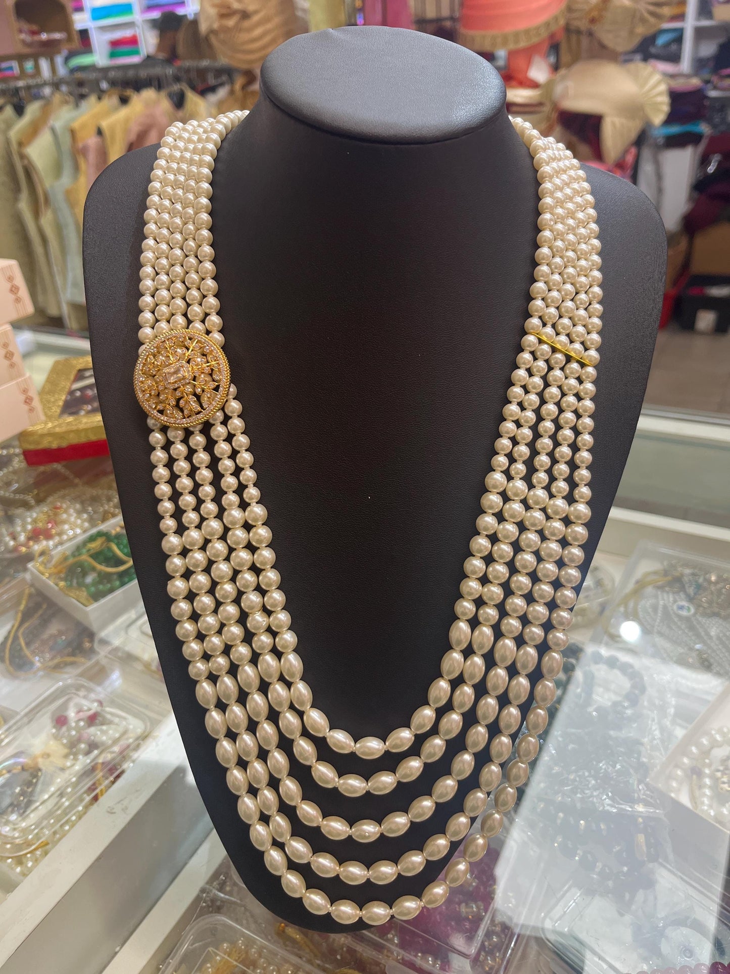Indian Wedding- Pearl Necklace with Brooch for Men/Groom for Wedding (CreamBeads)