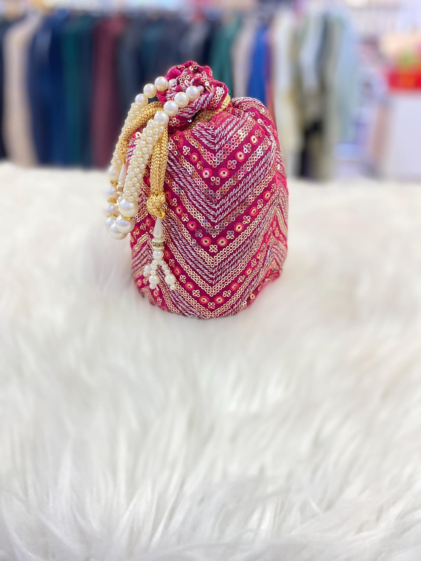 Designer Bridal Potli Bag for women with Embroidery and Embellished Stones- Red