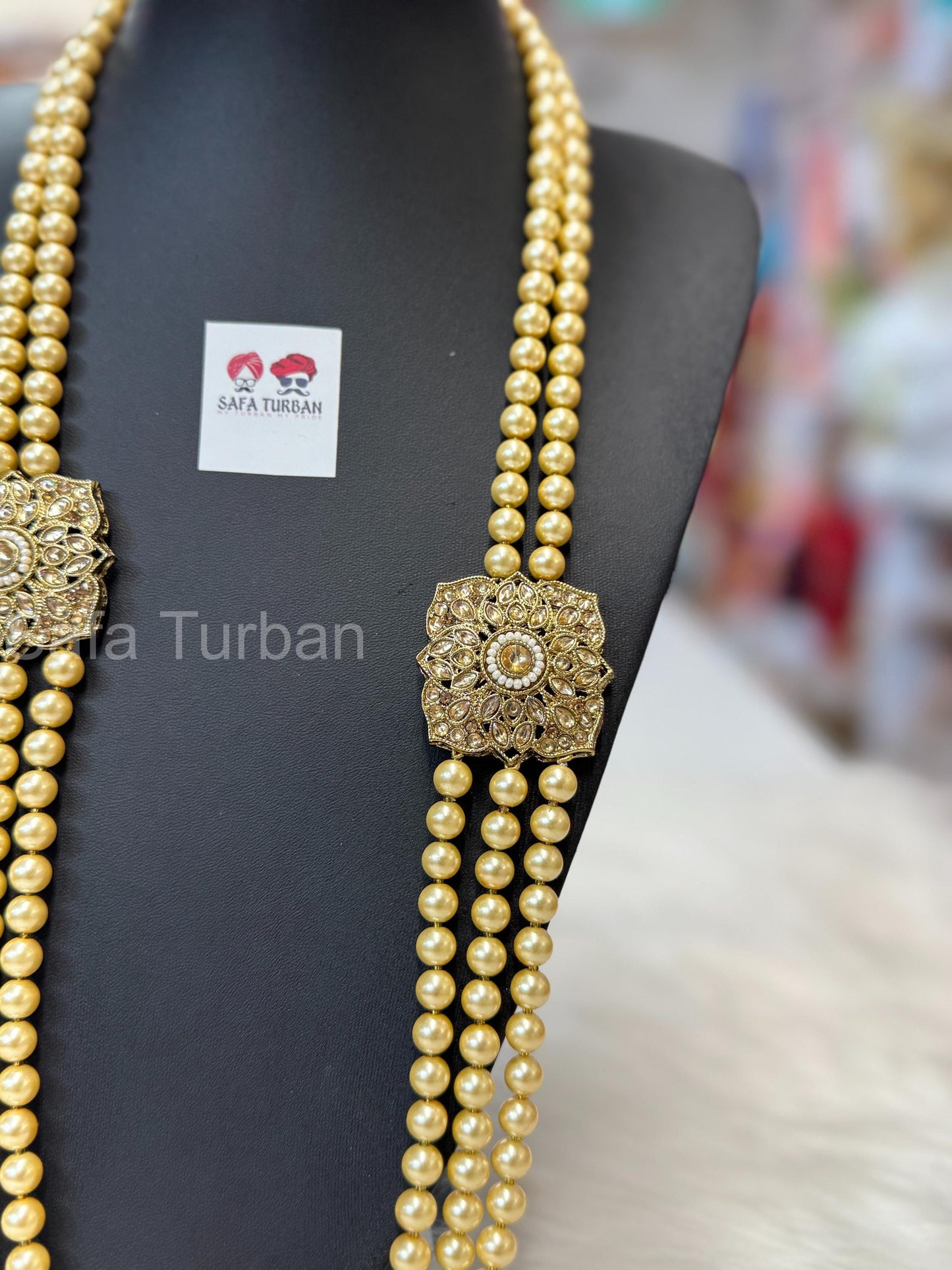 Indian Wedding- Golden Pearl Stone & Studded Necklace for Men/Groom/Dullah for Wedding