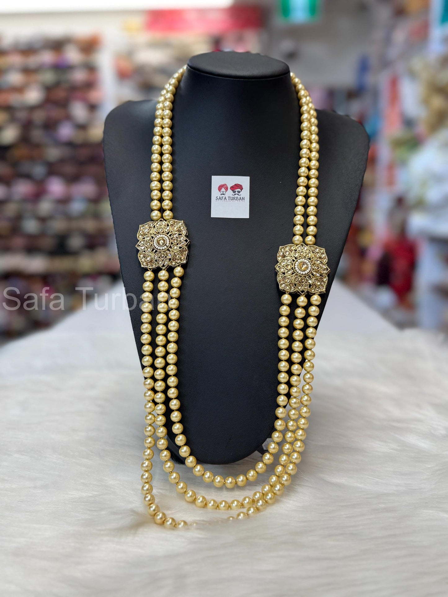 Indian Wedding- Golden Pearl Stone & Studded Necklace for Men/Groom/Dullah for Wedding