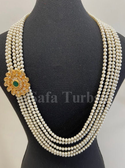 Indian Wedding- Pearl Necklace with Kundan Brooch for Men/Groom for Wedding (5Layers Pearl)