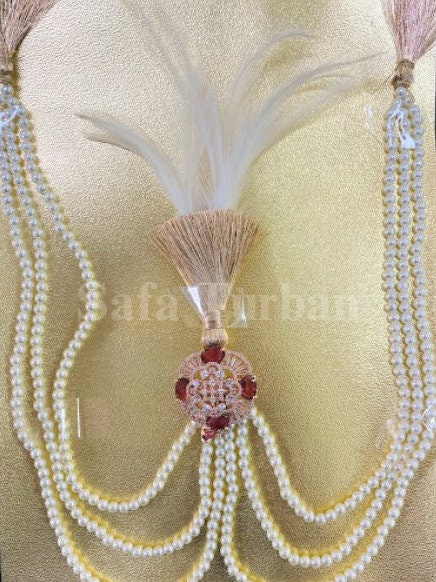 Indian Wedding Accessories-  Kalangi/Kalgi for Men's Safa/Groom Turban in AD (American Dimond) (Red Stone with offwhite/cream pearl string)
