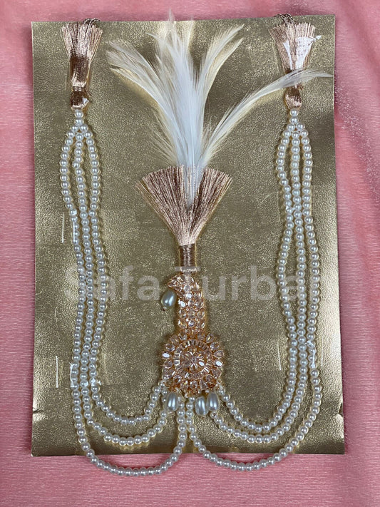 Indian Wedding Accessories-  Kalangi/Kalgi for Men's Safa/Groom Turban in AD Stone (American Dimond) (With offwhite/cream pearl string)
