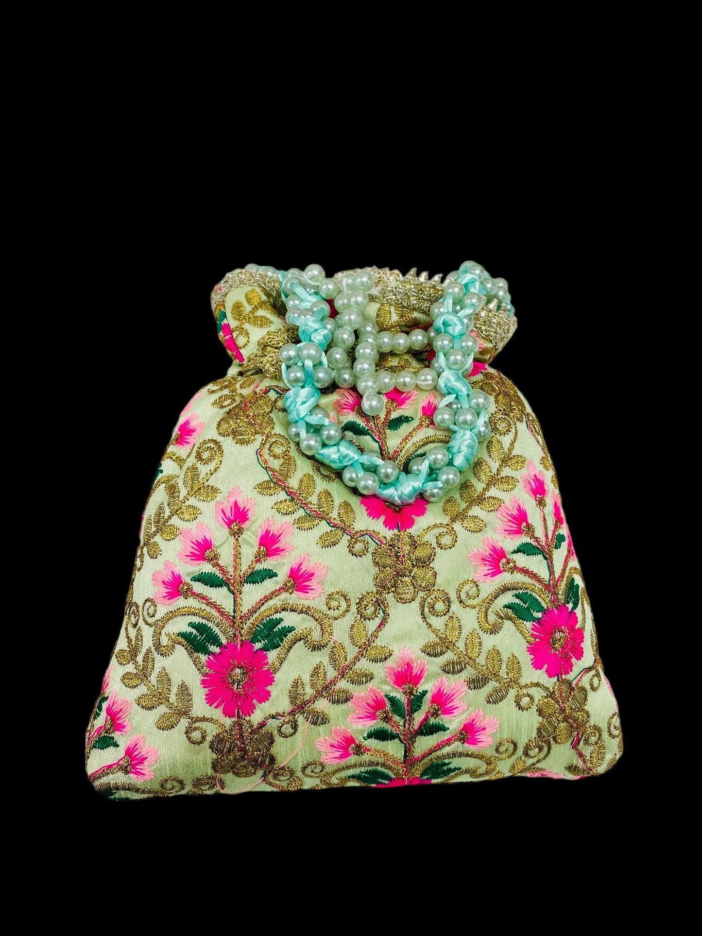 Designer Multicolored Potli Bag for women with  Embroidery and Pearl Handle