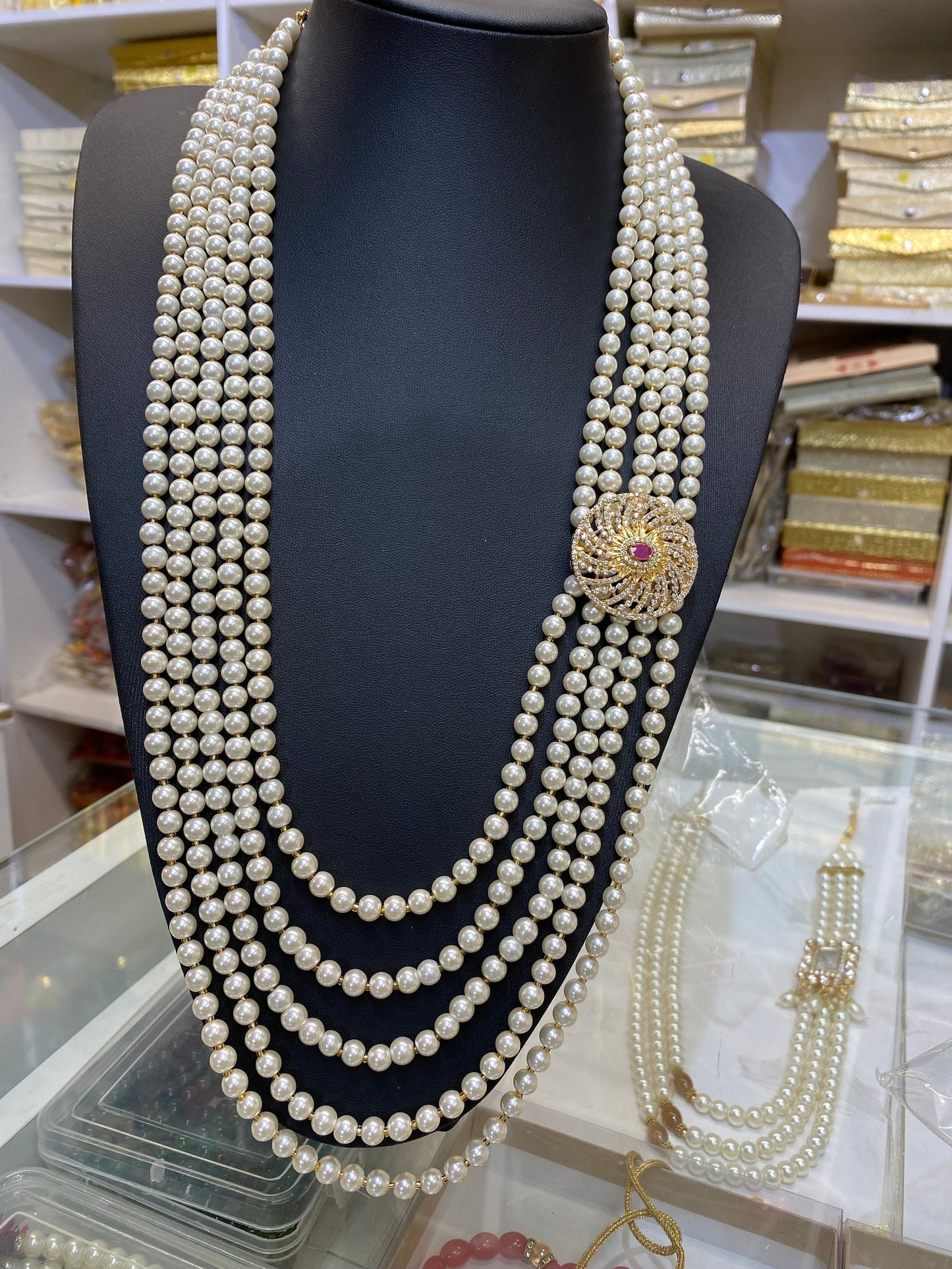 Indian Wedding- Pearl Stone Five Layer  Studded Necklace for Men/Groom for Wedding