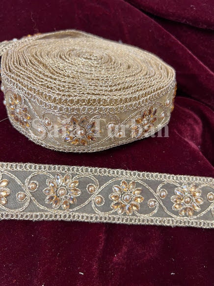 Golden Kundan Stone  Lace 1.5"(inch) for Dresses, Sarees, Lehenga, Suits, Blouses, Dupatta, Chunri, and Craft
