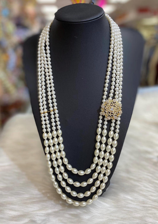 Indian Wedding- Pearl Necklace with Brooch for Men/Groom for Wedding (4Layers Pearl)