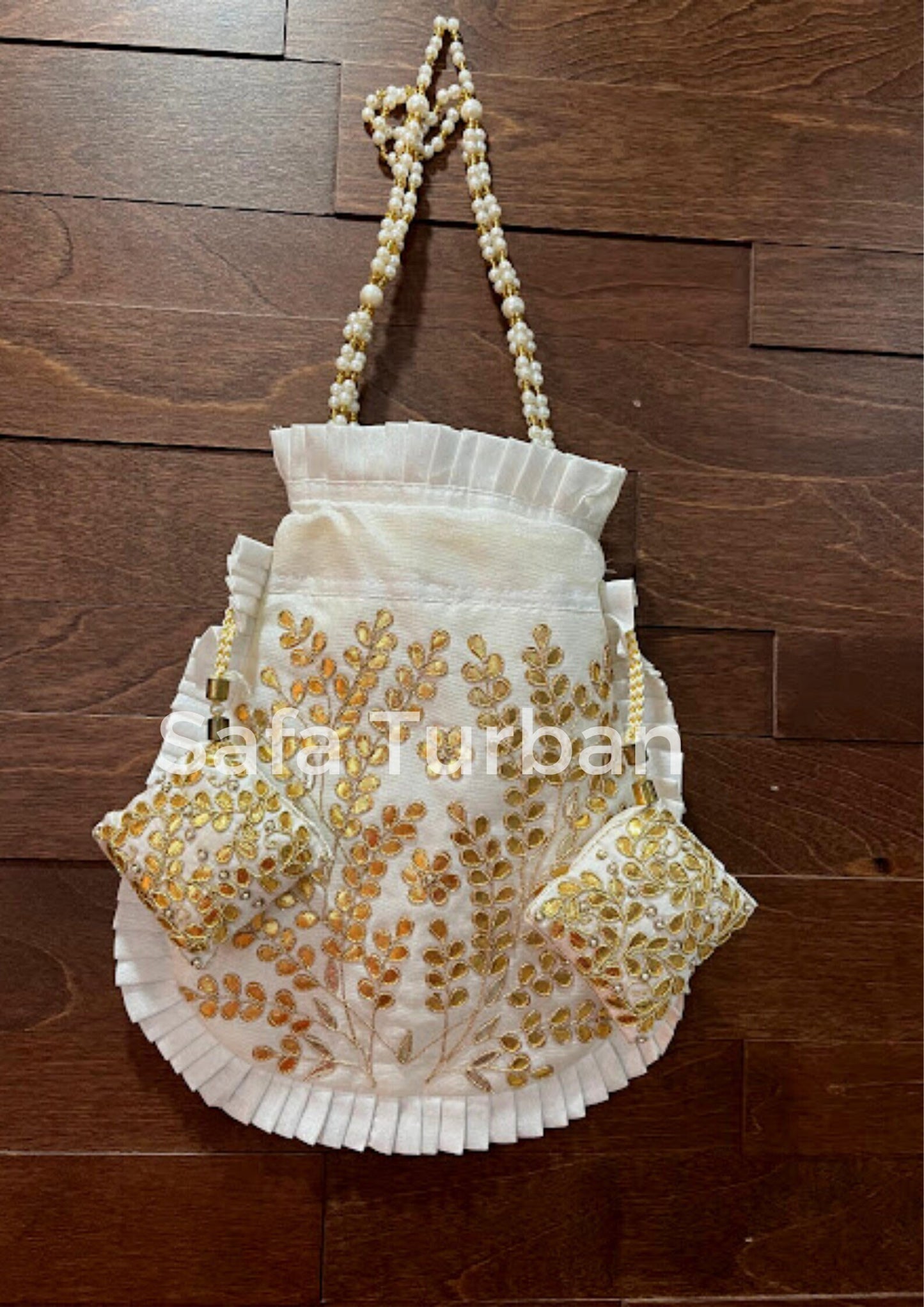 Potli Bag for women with Golden Embroidery and Pearl Handle