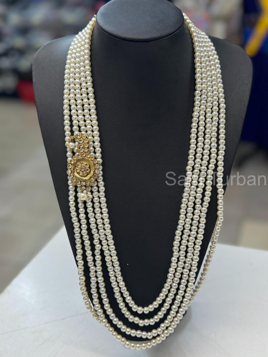Indian Wedding- Pearl Necklace with Brooch for Men/Groom for Wedding (5Layers Pearl)