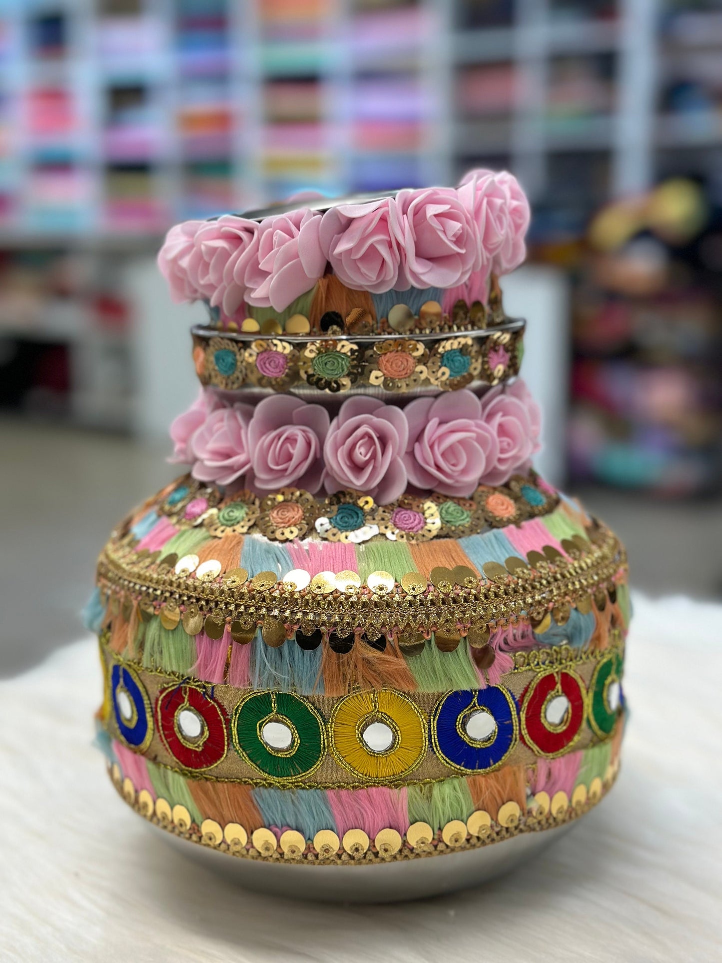 Wedding Accessories-Multicolour Flower Decorated Ghadoli/Matka/Kalash For Wedding/Puja.
