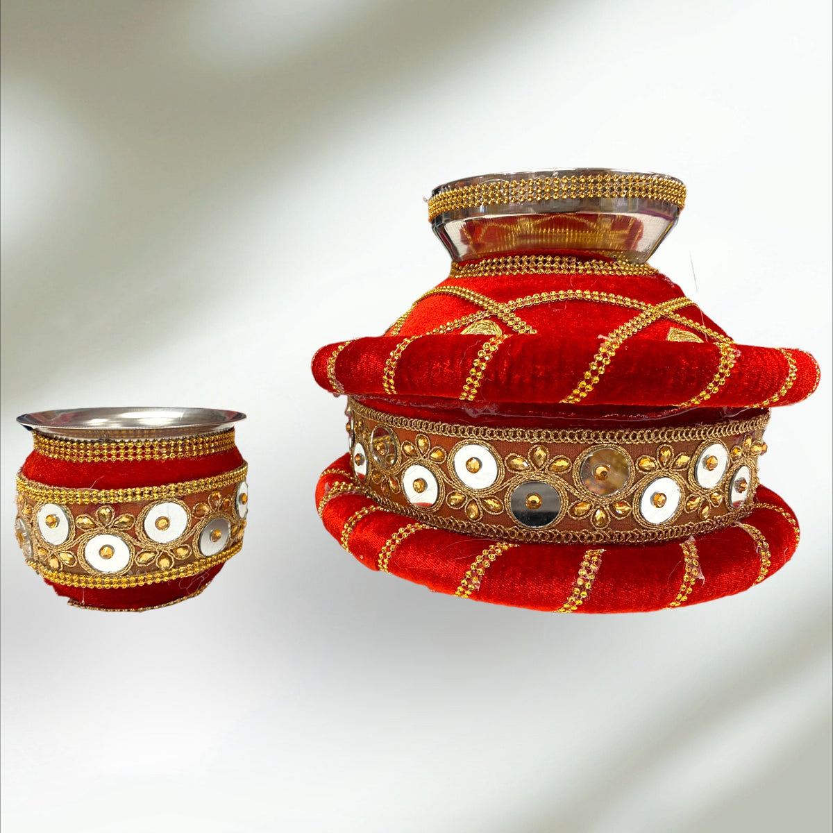 Wedding Accessories- Velvet Red Mirrored Ghadoli/Matka/Kalash For Wedding/Puja with Golden Embroidery