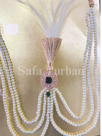 Indian Wedding Accessories-  Kalangi/Kalgi for Men's Safa/Groom Turban (With Multicolored Gemstone and White Pearl String Chain)