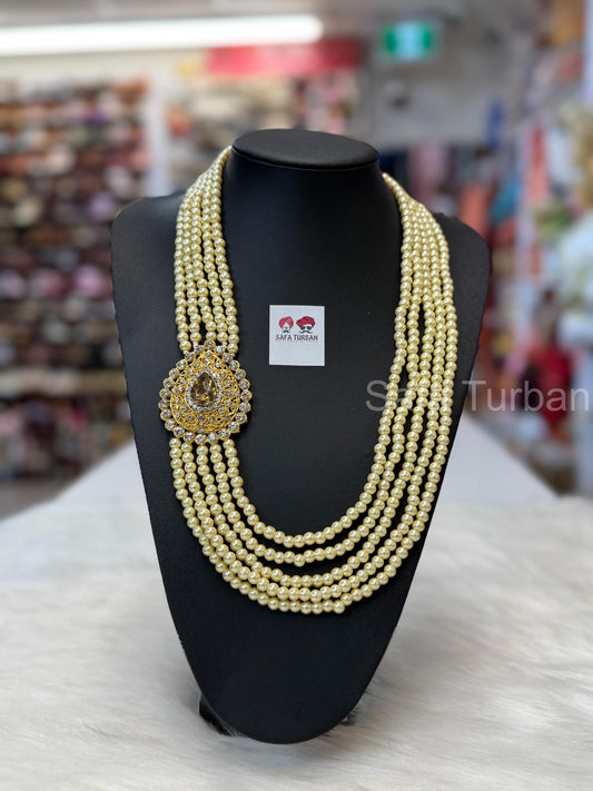 Indian Wedding- Pearl Necklace with Kundan Brooch for Men/Groom for Wedding (Cream/Golden Beads)