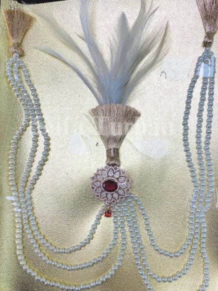 Indian Wedding Accessories-  Kalangi/Kalgi for Men's Safa/Groom Turban (With Gemstone and White Pearl String Chain)