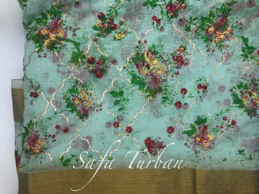 Sea Green Floral Safa Fabric- Turban Fabric/Safa/Pagdi/Pheta Cloth (Floral) for Barati/Groom/Social Occasion