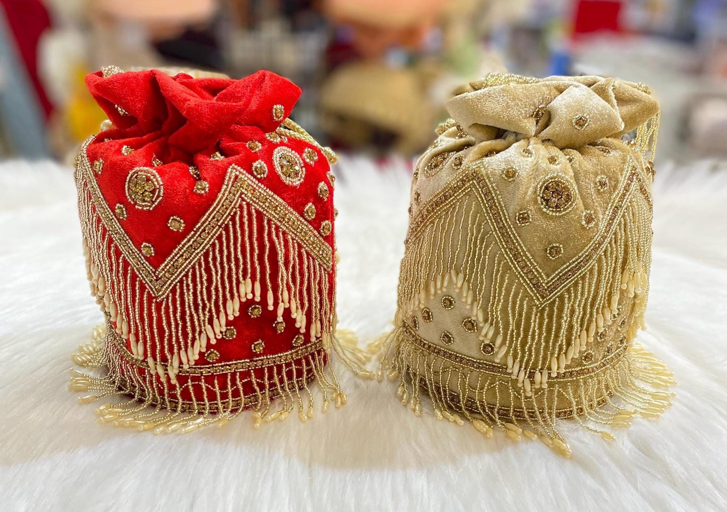 Designer Bridal Potli Bag for women with Embroidery and Embellished Stones- Red and Golden