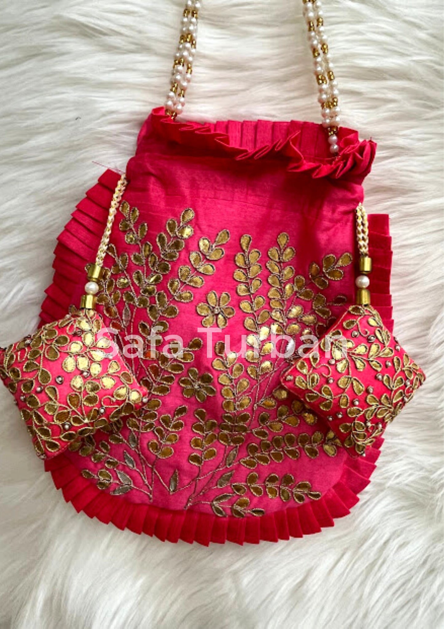 Potli Bag for women with Golden Embroidery and Pearl Handle