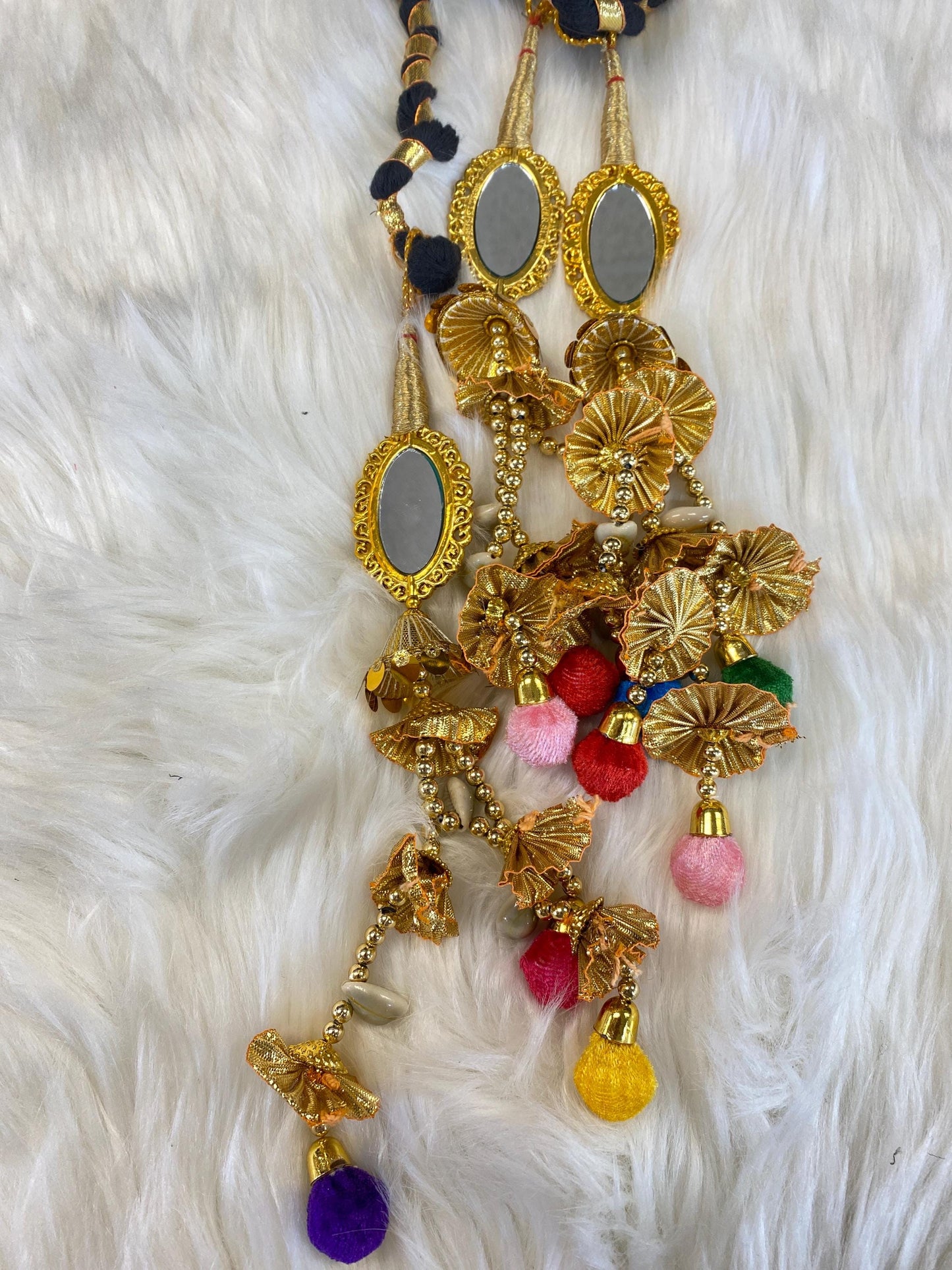 Punjabi Golden and multi Colour Fabric Parandi Tassles Hair Extensions with Beads for Women and Girls (Sold per piece)