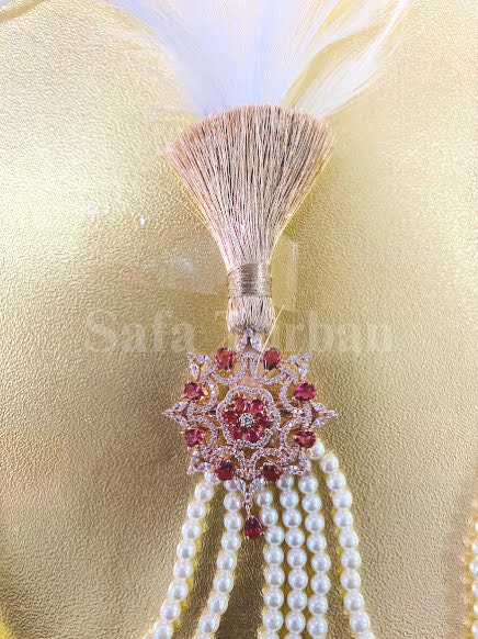 Indian Wedding Accessories-  Kalangi/Kalgi for Men's Safa/Groom Turban (Red beads with white pearl string chain)