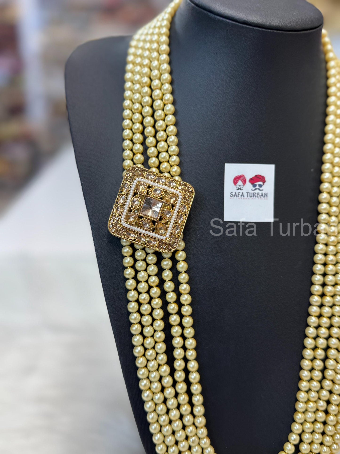 Indian Wedding- Pearl Necklace with Kundan Brooch for Men/Groom for Wedding (5Layers Pearl)