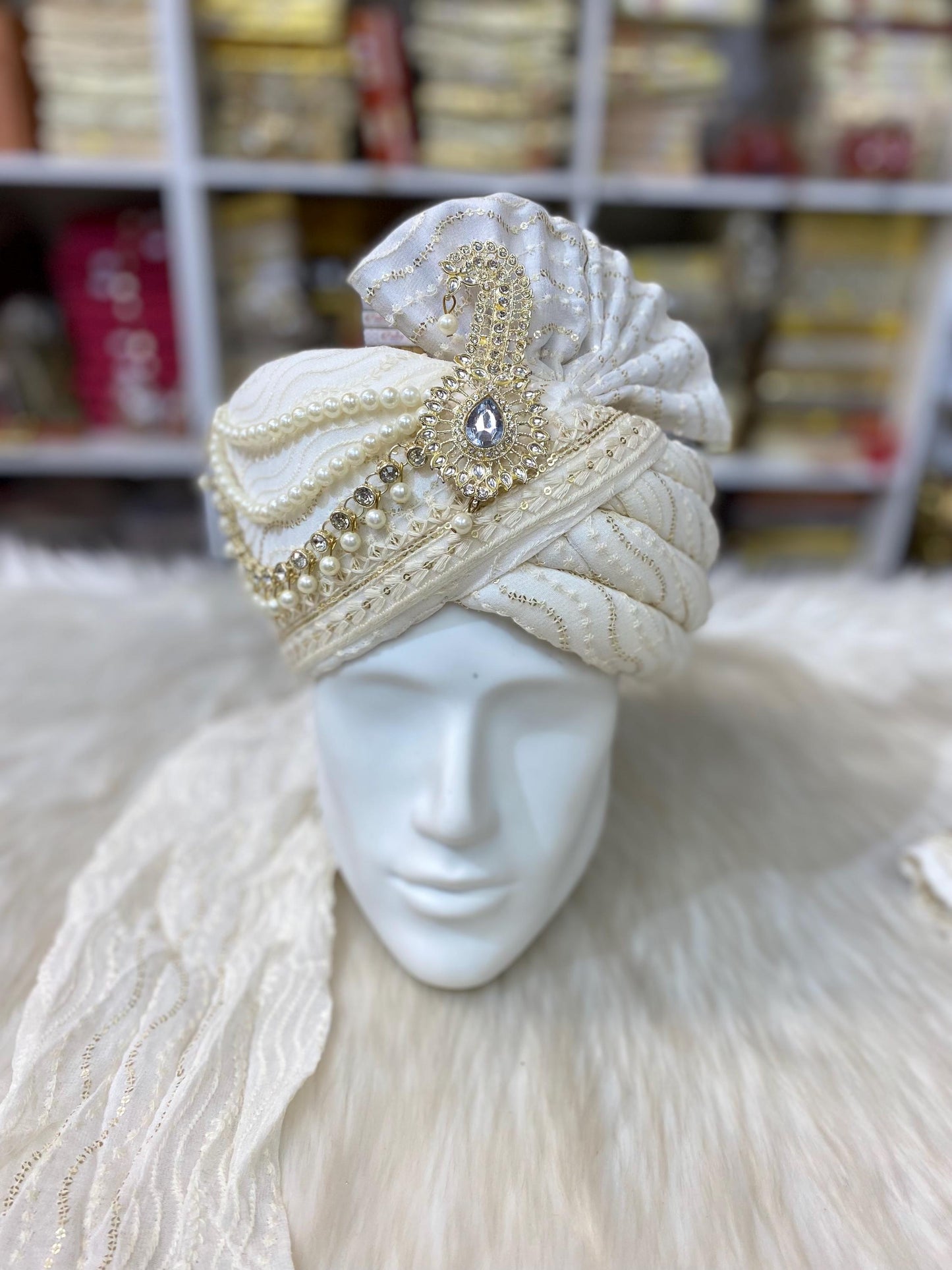 Groom Wedding Turban-Cream chiffon Turban with Palla- Safa Turban/Pagdi/Premade Turban/ Wedding Safa/Turban/Pagdi for Men (Groom)/ Thalapa