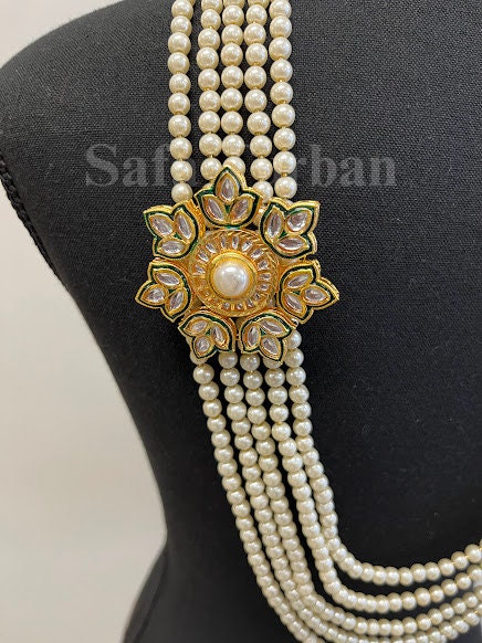 Indian Wedding- Pearl Necklace with Kundan Brooch for Men/Groom for Wedding (5Layers Pearl)