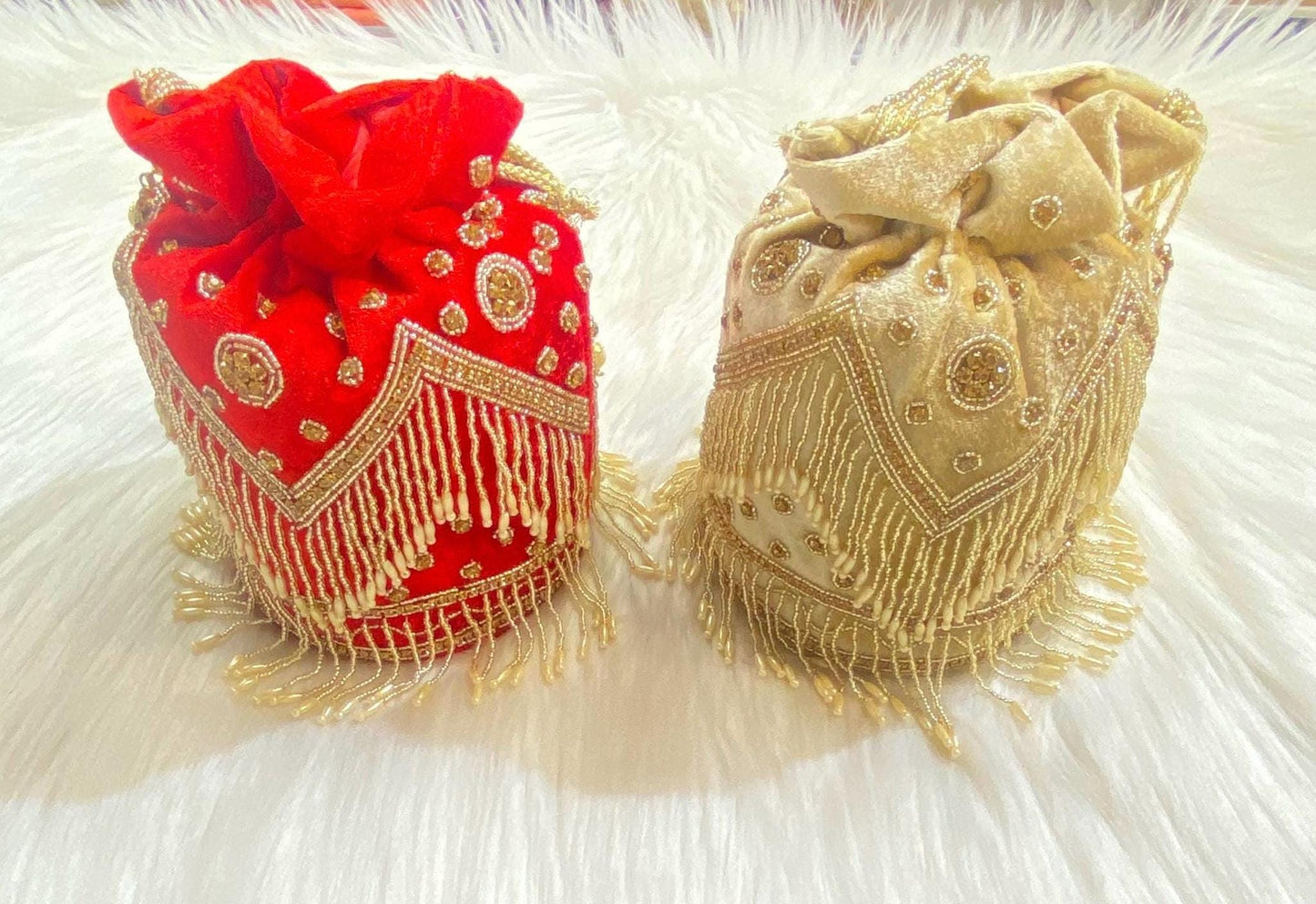 Designer Bridal Potli Bag for women with Embroidery and Embellished Stones- Red and Golden