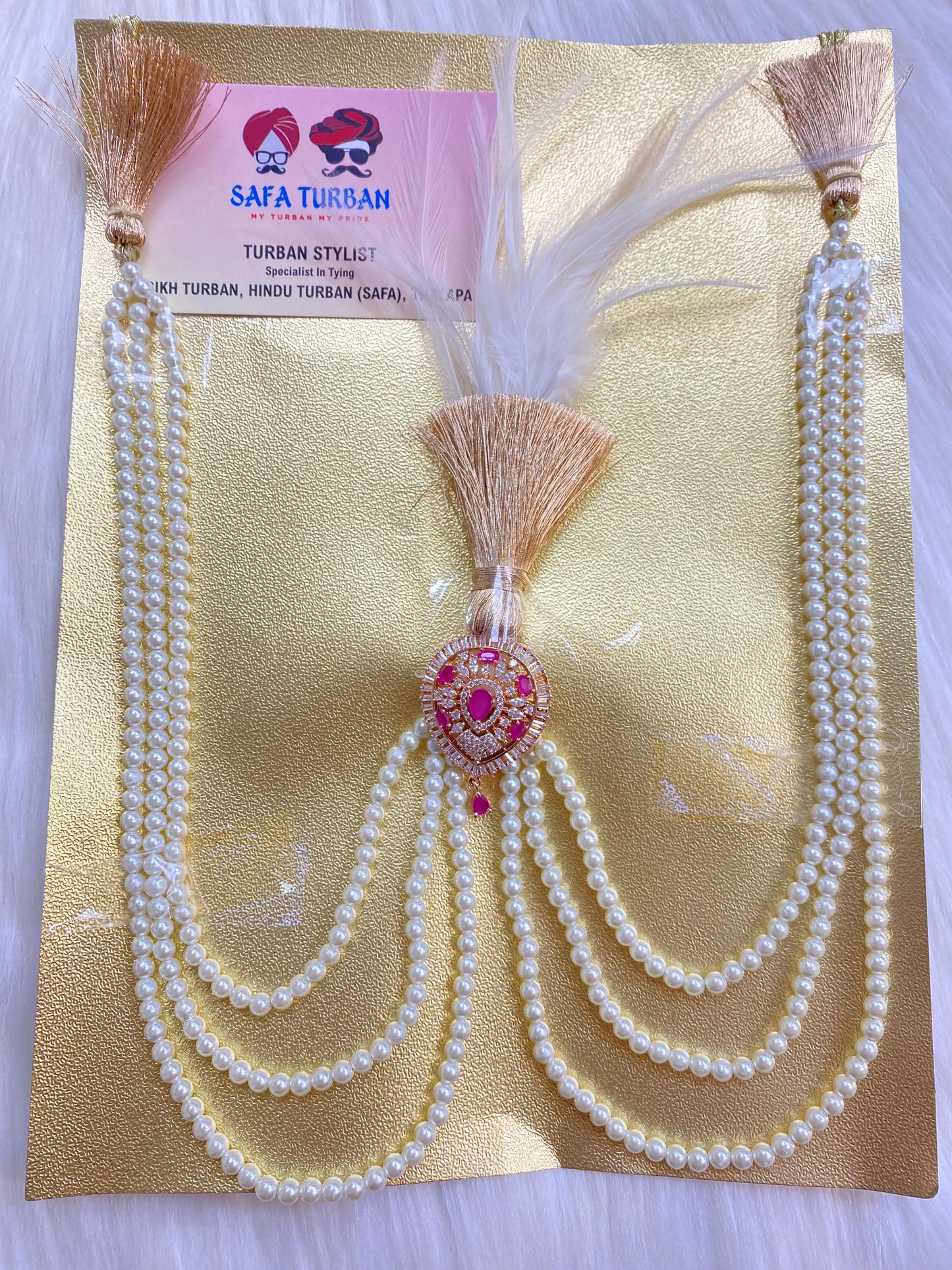 Indian Wedding Accessories-  Pink Kalgi For Groom Turban/Safa With Pearl Stands