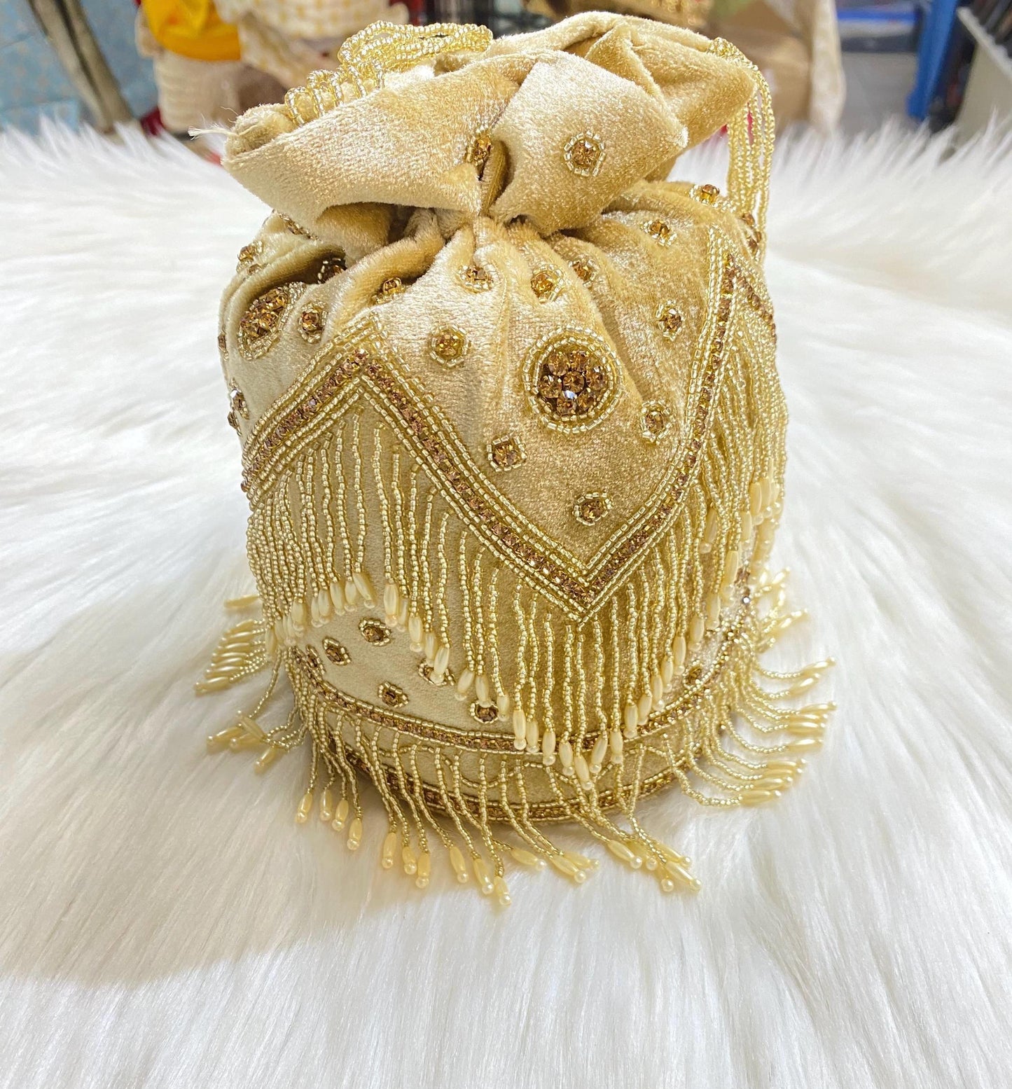 Designer Bridal Potli Bag for women with Embroidery and Embellished Stones- Red and Golden