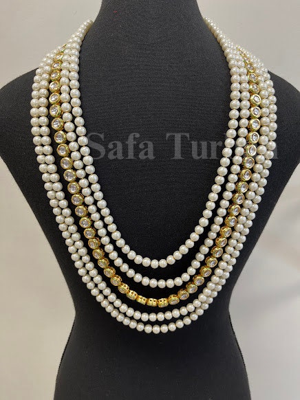 Indian Wedding- Pearl Necklace with Kundan Brooch for Men/Groom for Wedding (5Layers Pearl)