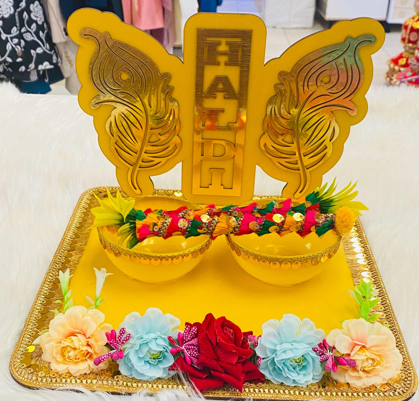Wedding Accessories- Bride/Groom Mayian/ Haldi/ Maiyan/ Vatna Ceremony-Decorative  Wooden board and  2Bowls