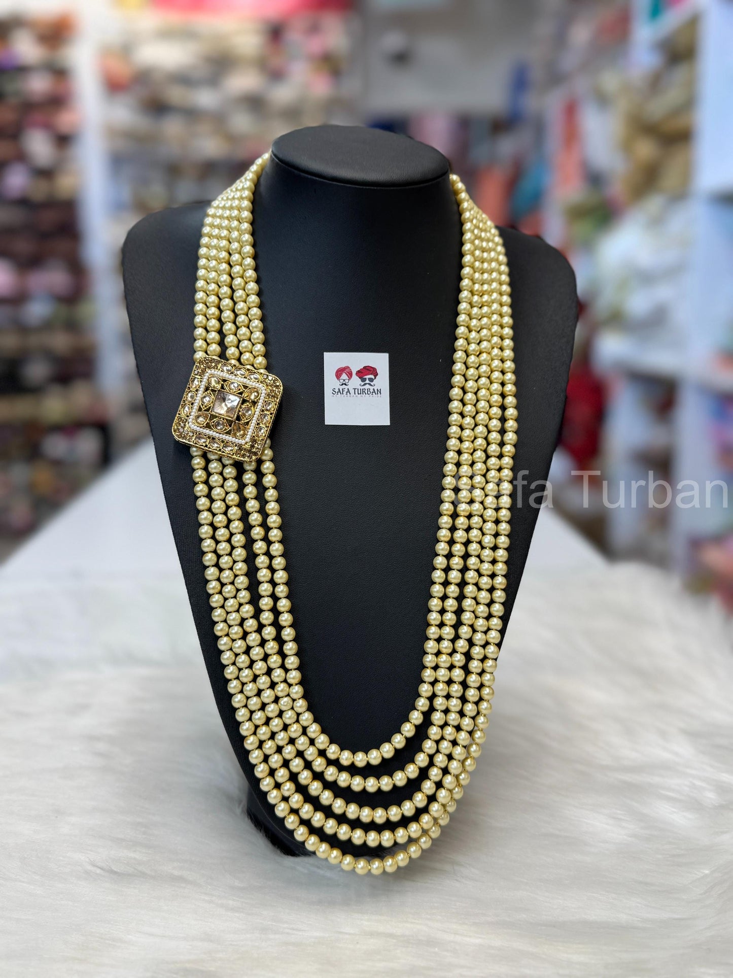 Indian Wedding- Pearl Necklace with Kundan Brooch for Men/Groom for Wedding (5Layers Pearl)