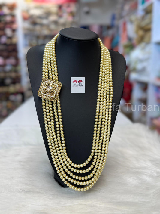 Indian Wedding- Pearl Necklace with Kundan Brooch for Men/Groom for Wedding (5Layers Pearl)