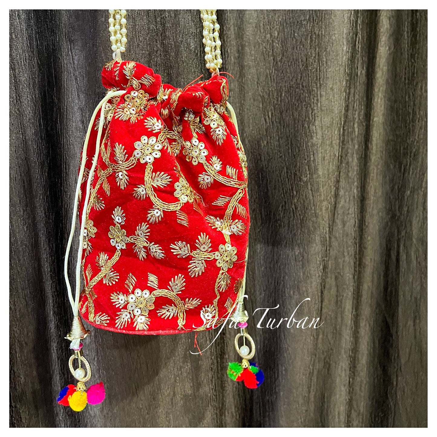 Multi Colour Potli Bag for women with Golden Embroidery and Pearl Handle