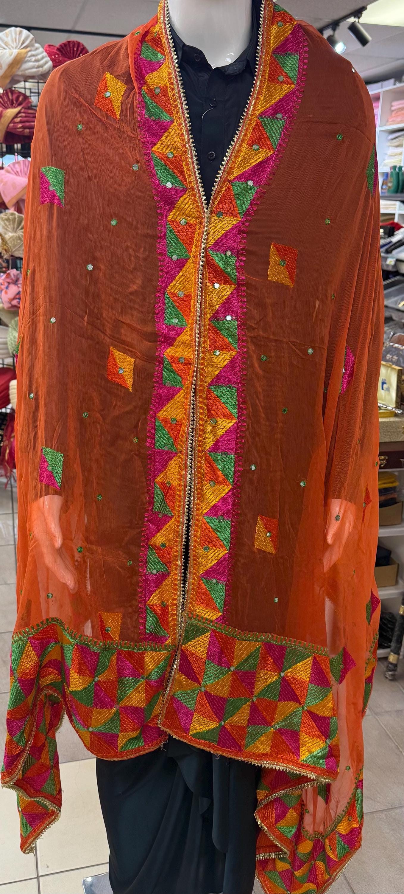 Phulkari Dupatta- Women's Beautiful Phulkari Dupatta, Scarf,Multicoloured  Phulkari Chunni, Dupatta